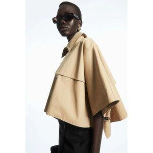 COS Tan Organic Cotton Blend Twill Cropped Trench Coat Cape Jacket, One Size